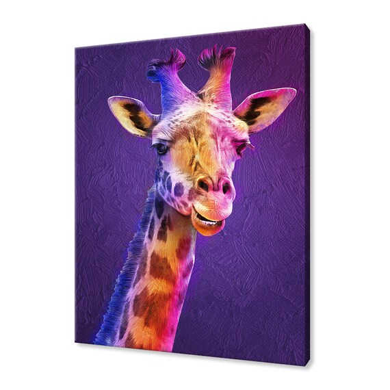 Neon Pop Art Giraffe Portrait on Purple Textured Modern Animal Art Poster