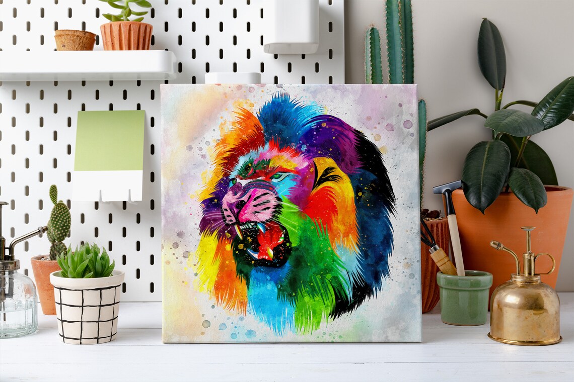 Roaring Lion Head Rainbow Watercolour Fierce Colourful Big Cat Art Poster - Image 2