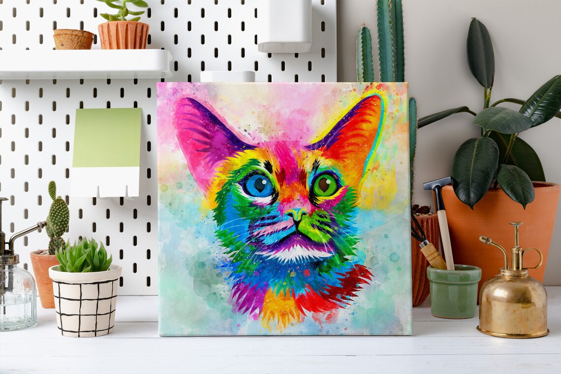 Oriental Shorthair Cat Big Ears Rainbow Watercolour Colourful Pet Art Poster - Image 2
