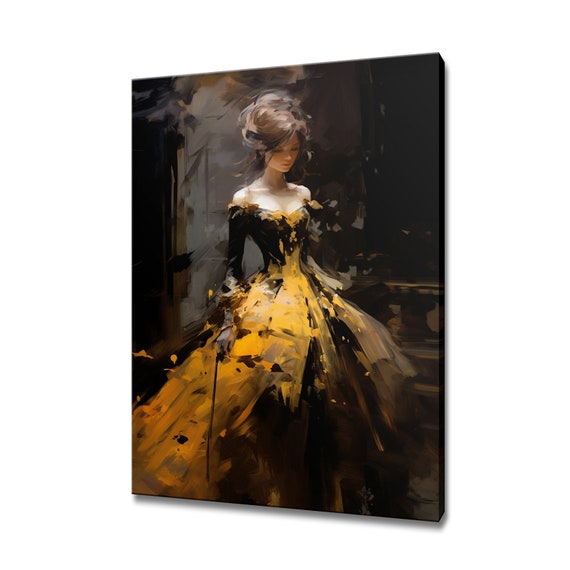 Elegant Lady In Golden Brown Victorian Baroque Puffy Dress Painting Style Print Modern Home Decor Fashion Wall Art Gift For Her