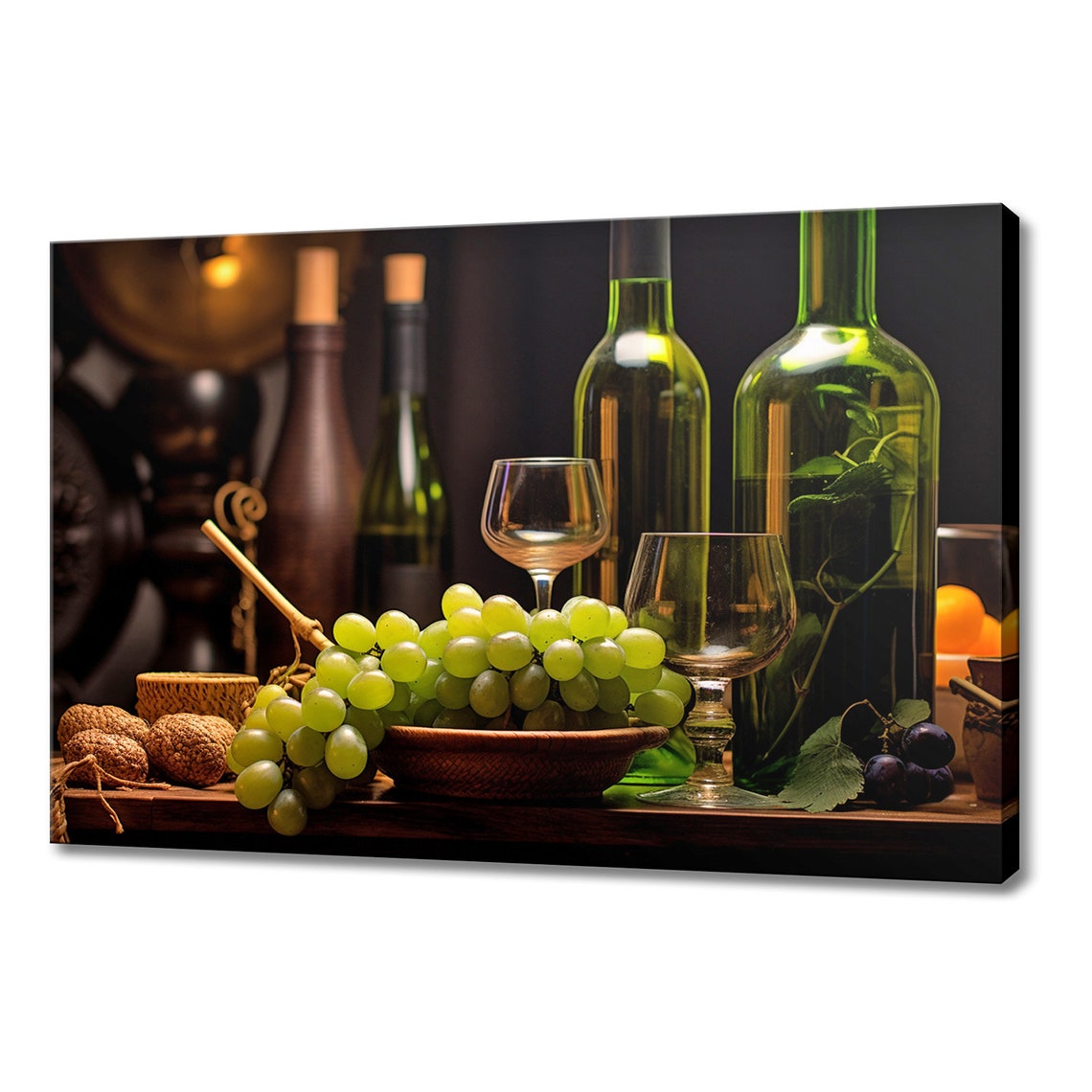 Wine Bottles Glasses And Green Grapes In Bowl Rustic Kitchen Wall Art