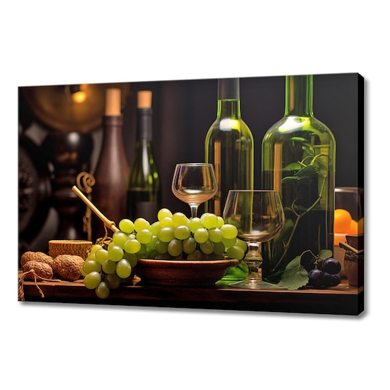 Wine Bottles Glasses And Green Grapes In Bowl Rustic Kitchen Wall Art