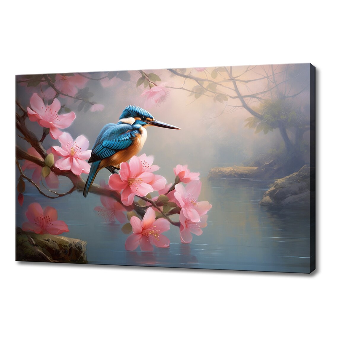 Blue Kingfisher on Blossoming Tree, Nature Art Print