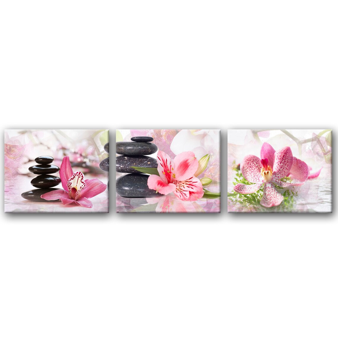 Pink Orchid Blooms And Black Zen Stones Triptych Spa Wall Art Print
