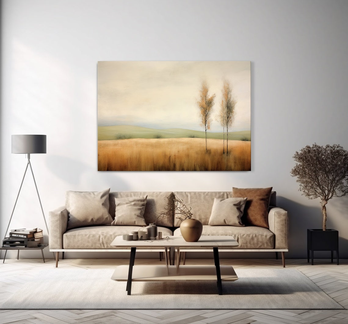 Two Wispy Trees In Amber Field Sage Hills Minimalist Nature Poster - Image 4