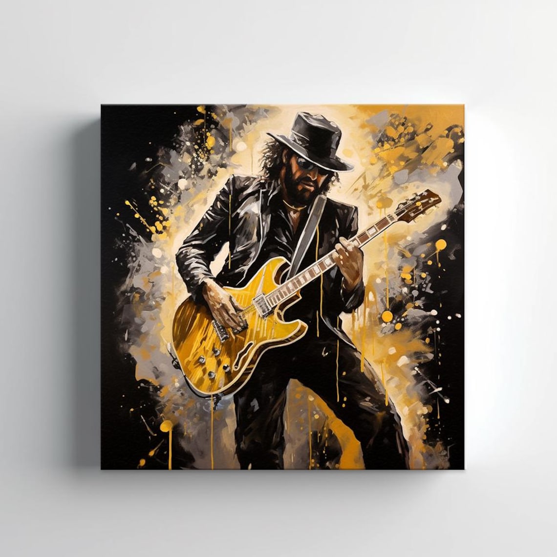 Electric Guitarist Hat Sunglasses Black Gold Live Music Poster - Image 2