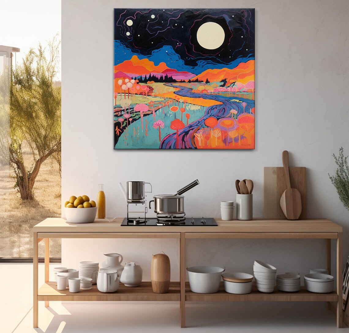 Abstract Fantasy Moonlight Trees River Painting Style Print Large Wall Art Print Nature Picture Wall Hanging - Image 3