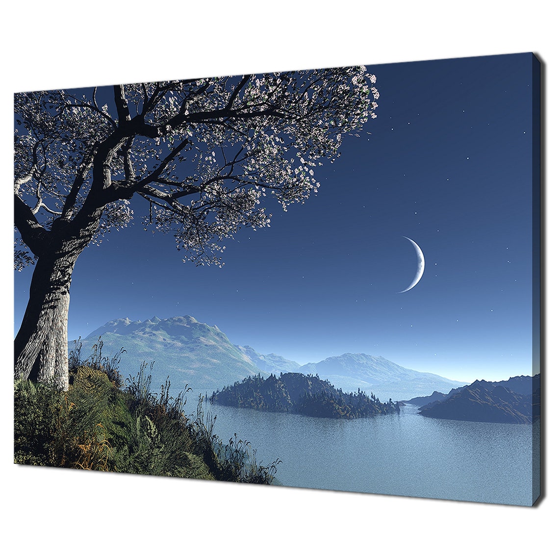 White Blossom Tree Under Crescent Moon Night Lake Mountains Poster