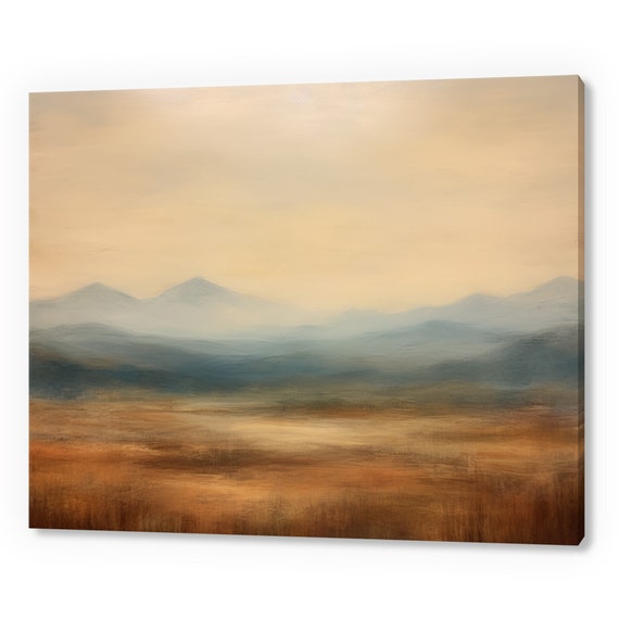 Vintage Country Grass Field Foggy Mountains Landscape Muted Moody Painting Style Print Farmhouse Decor Art Neutral Nature Picture