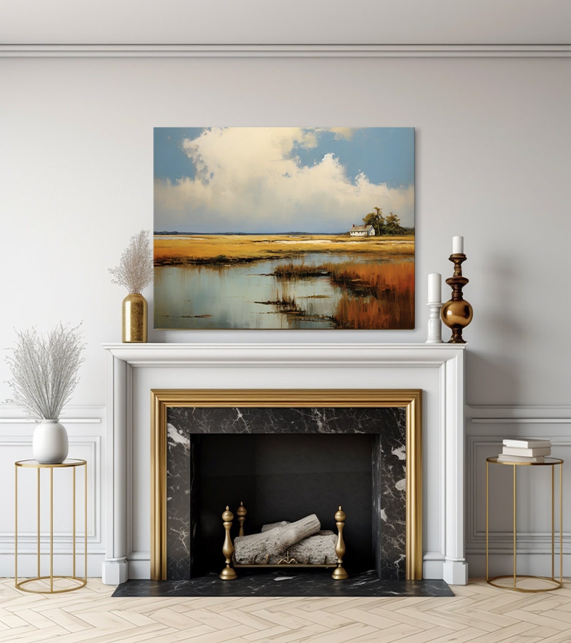 Wetland Marsh With Cottage Under Big Blue Sky Rustic Nature Poster - Image 3