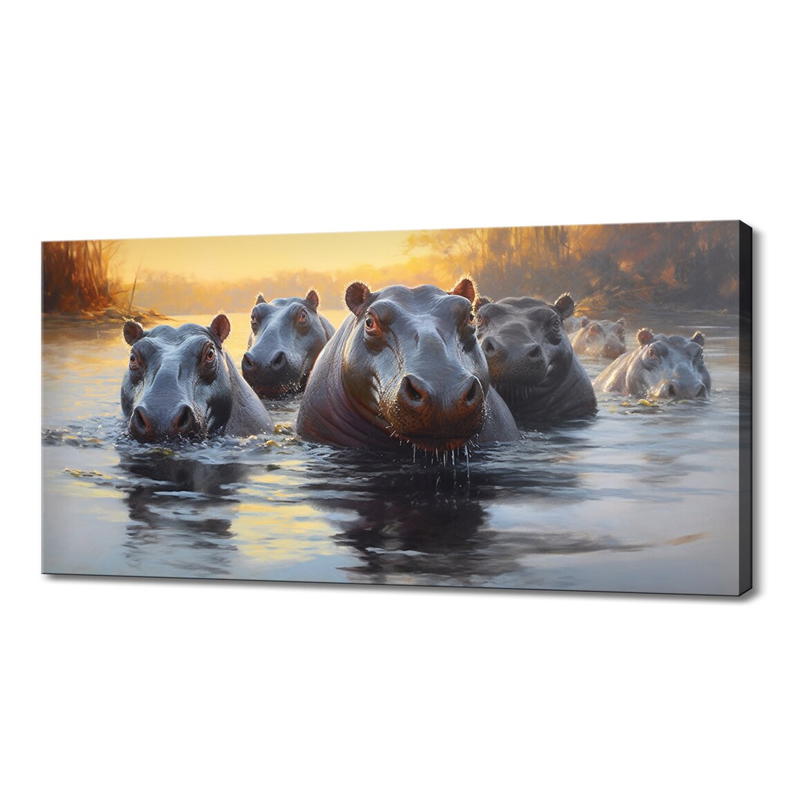 Hippo Family Swimming In River Golden Sunset Wildlife Wall Art Poster