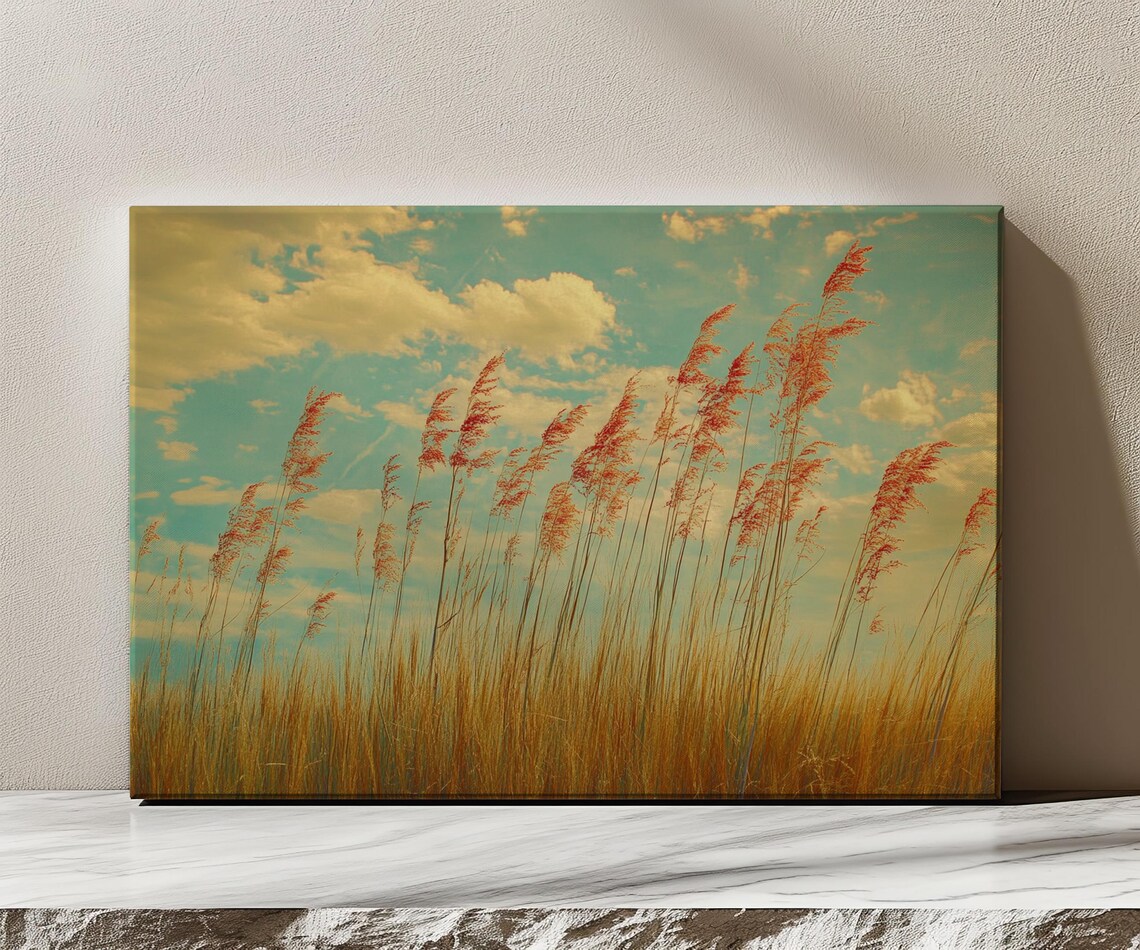 Autumn Golden Grass Field Reeds Vintage Turquoise Sky Clouds Poster - Image 3
