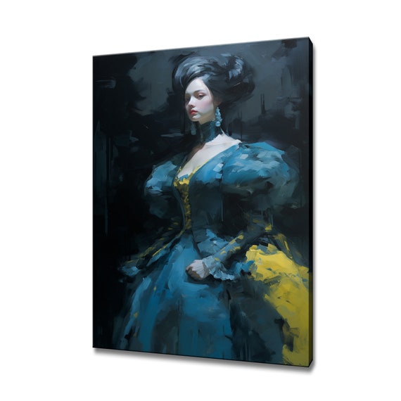 Elegant Lady In Blue Yellow Victorian Baroque Puffy Dress Painting Style Print Modern Home Decor Fashion Wall Art Gift For Her