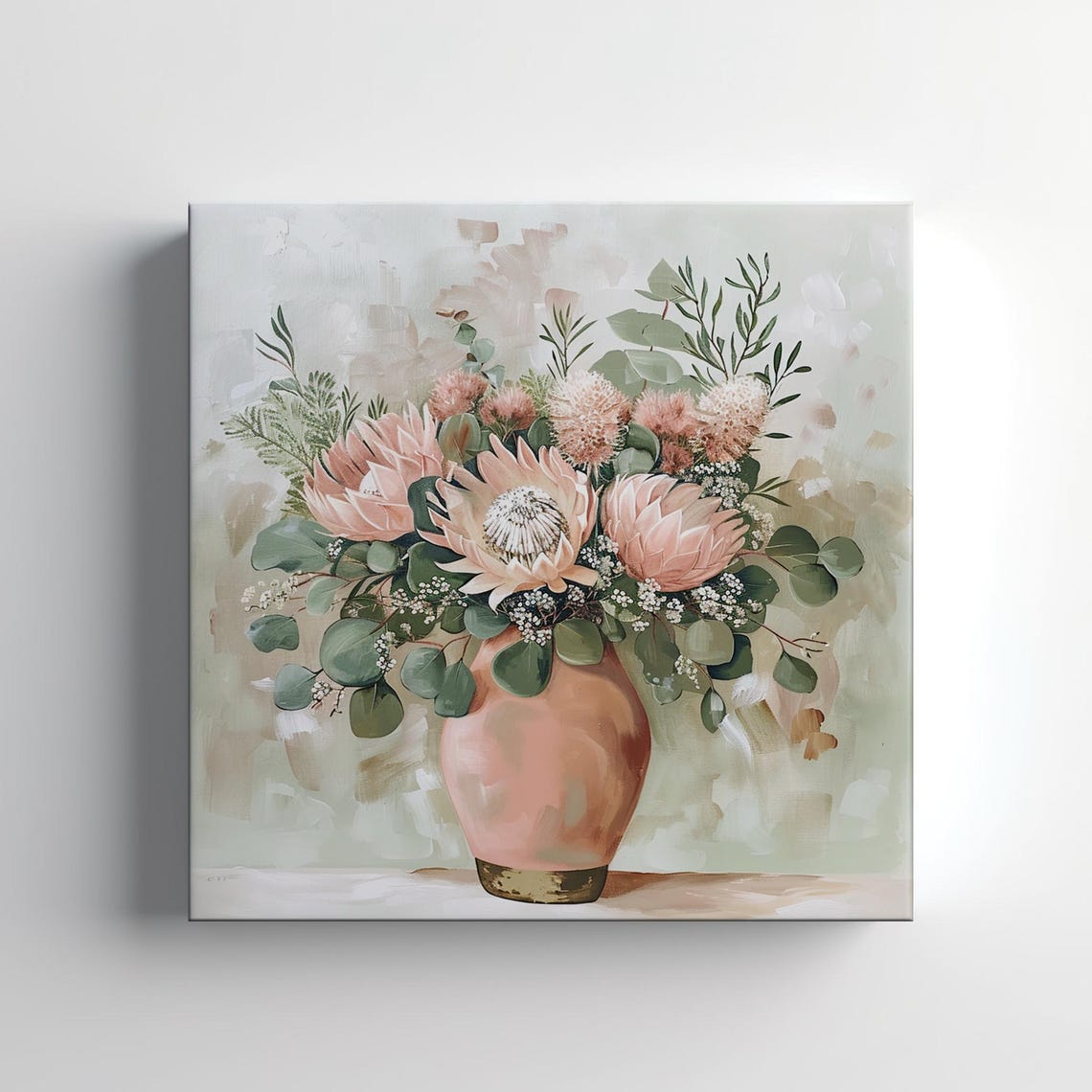 Blush Pink Protea Flowers Eucalyptus Terracotta Vase Painting Print