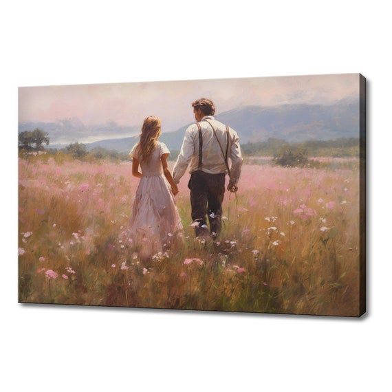 Couple Walking Through The Meadow Vintage Painting Style Print Farmhouse Decor Art Neutral Nature Picture Wall Hanging Fine Art