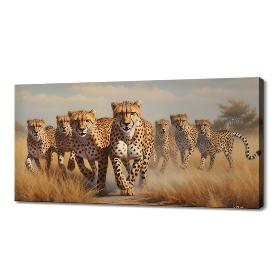 Cheetah Family Running Savanna Grass Wildlife Pack Big Cats Art Print