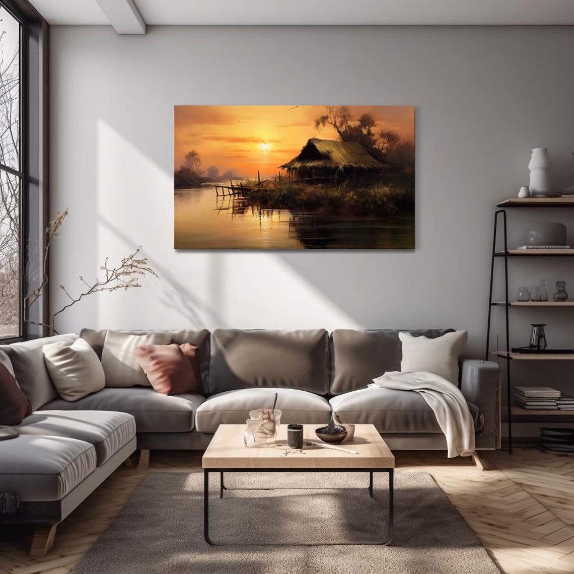 House By The Lake Sunset Vintage Landscape Painting Style Print Farmhouse Decor Art Nature Picture Wall Hanging Fine Art Print - Image 4