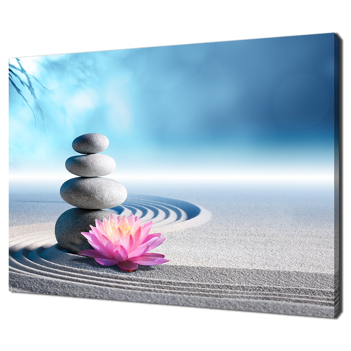 Zen Garden Stacked Stones Pink Lotus Raked Sand Blue Calm Wall Art