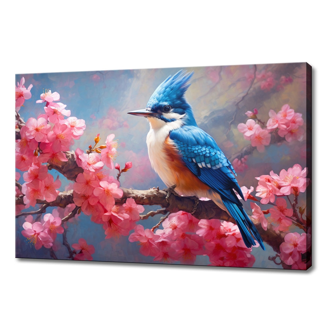 Crested Bright Blue Kingfisher Orange Breast Cherry Blossom Poster