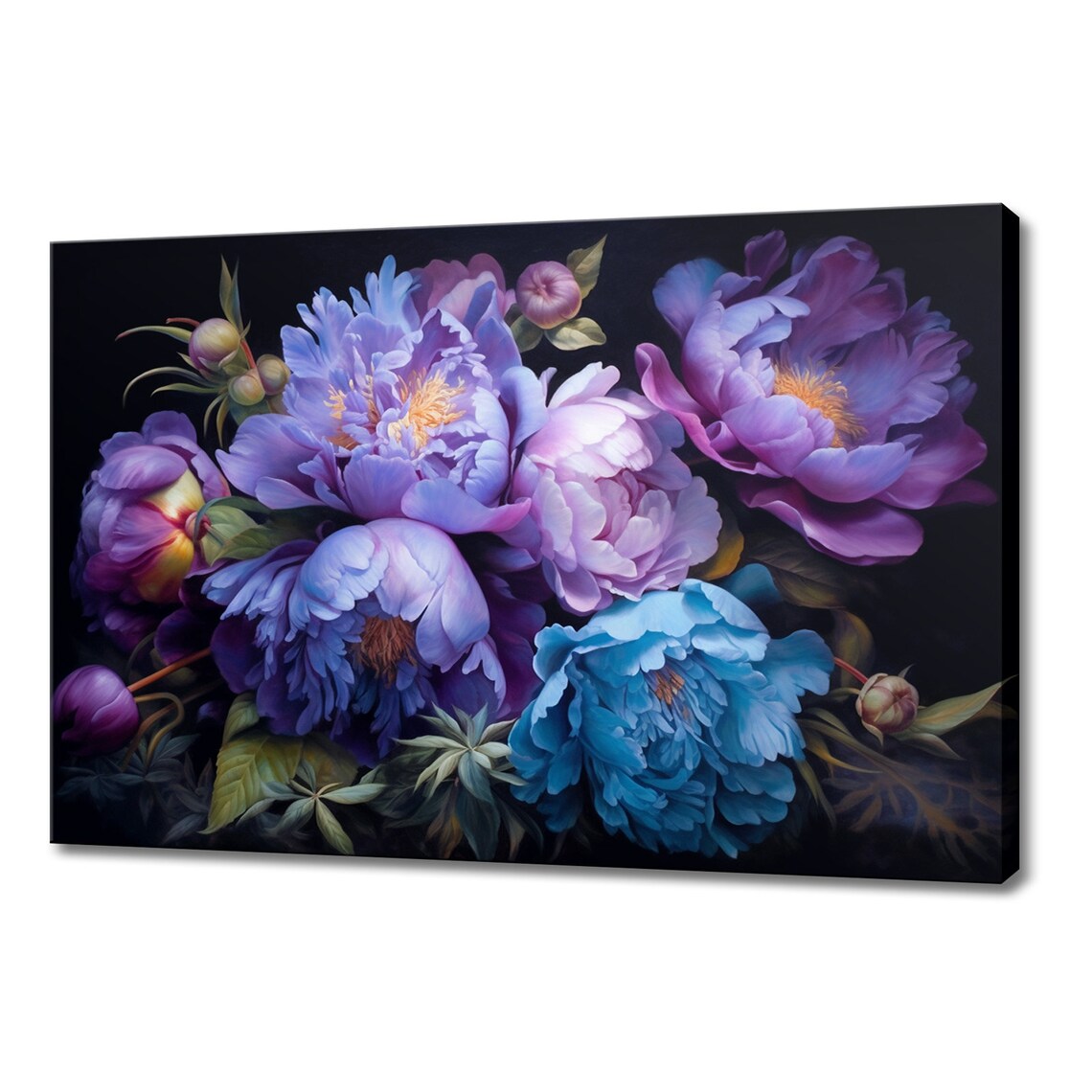 Purple Pink Blue Peonies With Buds Vintage Dark Floral Art Poster