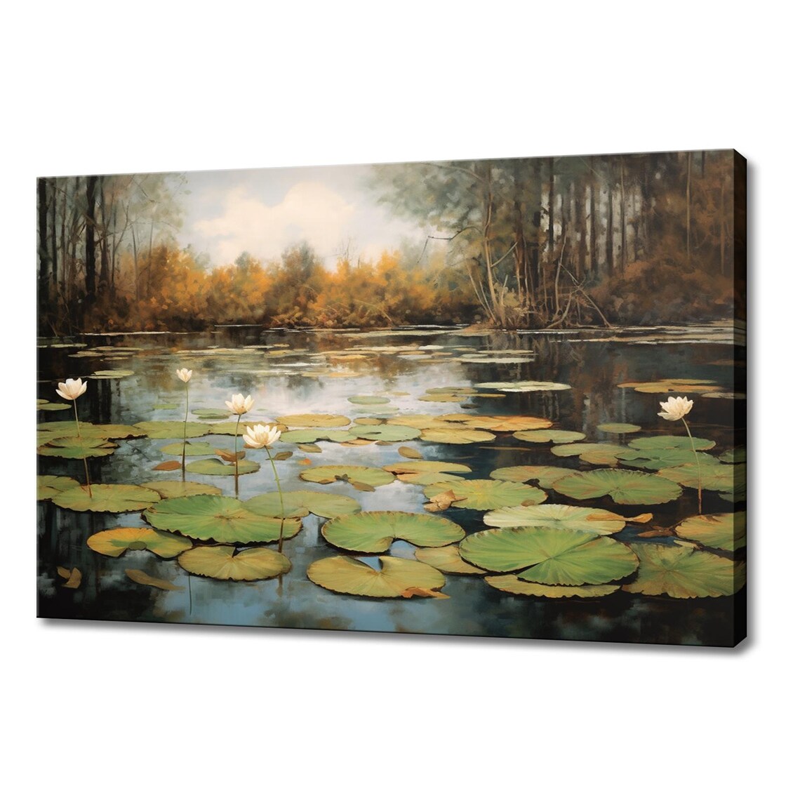 White Water Lilies Pond Reflections Autumn Woodland Vintage Poster