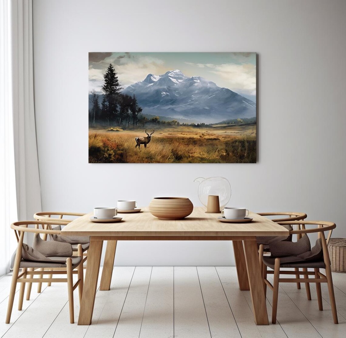 Majestic Stag In Golden Field Snowy Mountains Vintage Wildlife Poster - Image 4