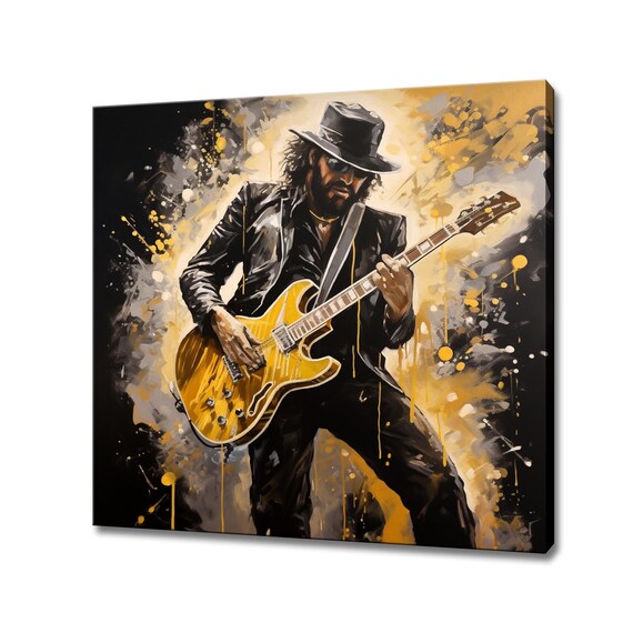 Electric Guitarist Hat Sunglasses Black Gold Live Music Poster