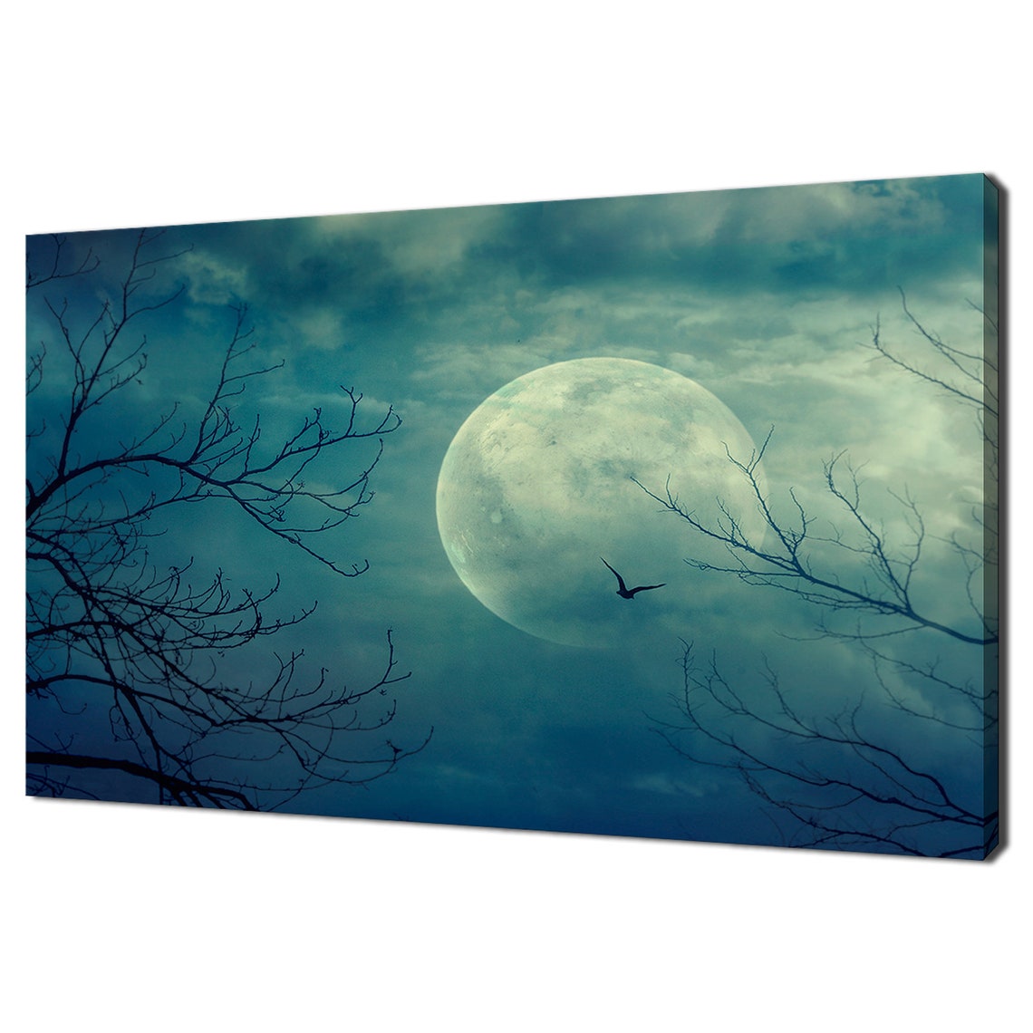Full Moon Over Bare Trees With Flying Bird Blue Night Sky Poster