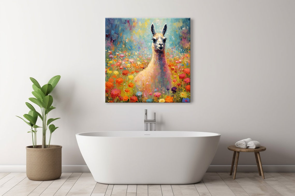 Smiling Llama Portrait in Colorful Wildflower Field Painting Poster - Image 4