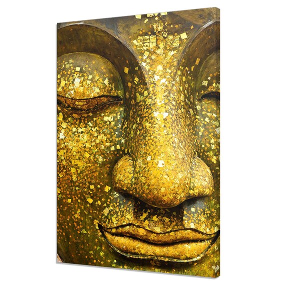 Golden Buddha Face Gold Leaf Serene Expression Asian Spiritual Wall Art