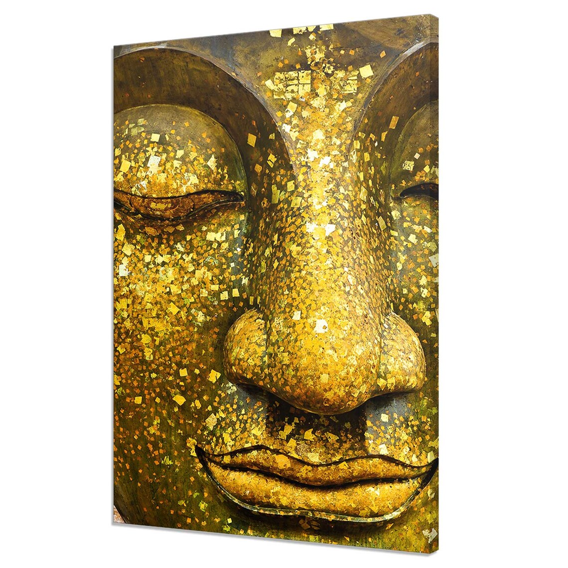 Golden Buddha Face Gold Leaf Serene Expression Asian Spiritual Wall Art
