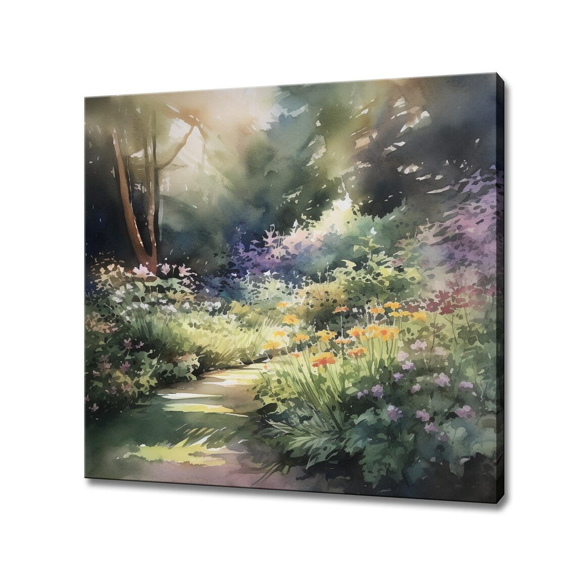 Sunlit Garden Path Watercolor Lush Flowers Dappled Light Garden Poster