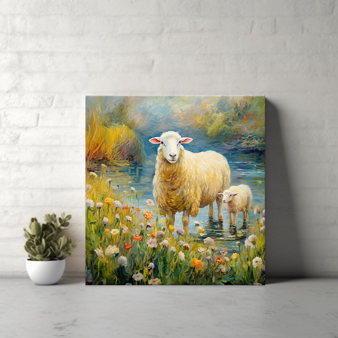 Mother Sheep And Lamb Wading River Colorful Farm Animal Poster - Image 3