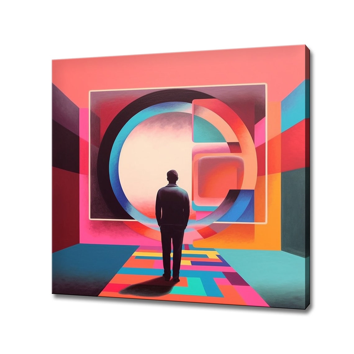 Man Before Geometric Circle Portal Colorful Surreal Abstract Poster