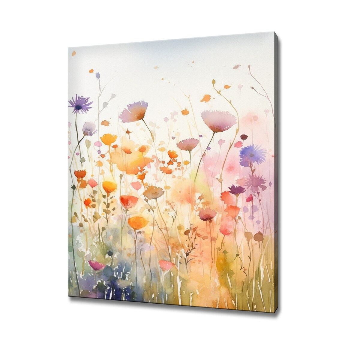 Orange Pink Wildflower Meadow Watercolor Spring Bloom Wall Art Print