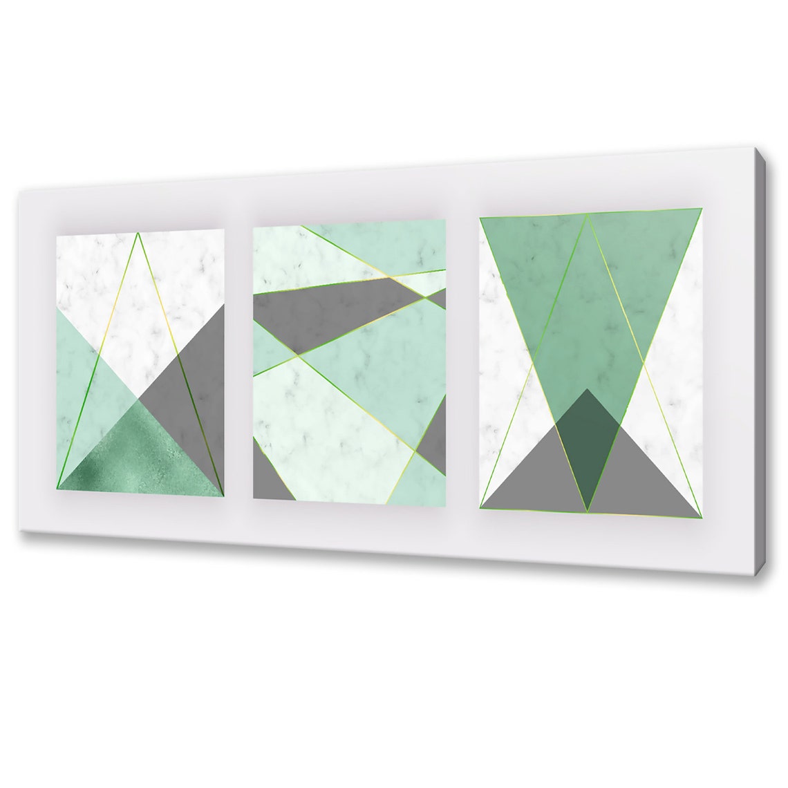Mint Green Grey Marble Geometric Triptych Three Panel Wall Art Print