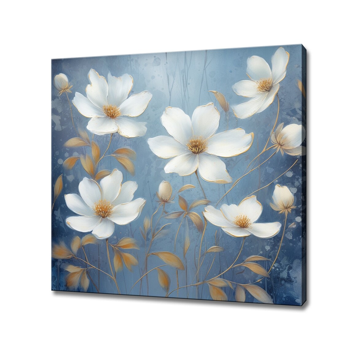 White Daisy Flowers Golden Centers Blue Background Oil Painting Print