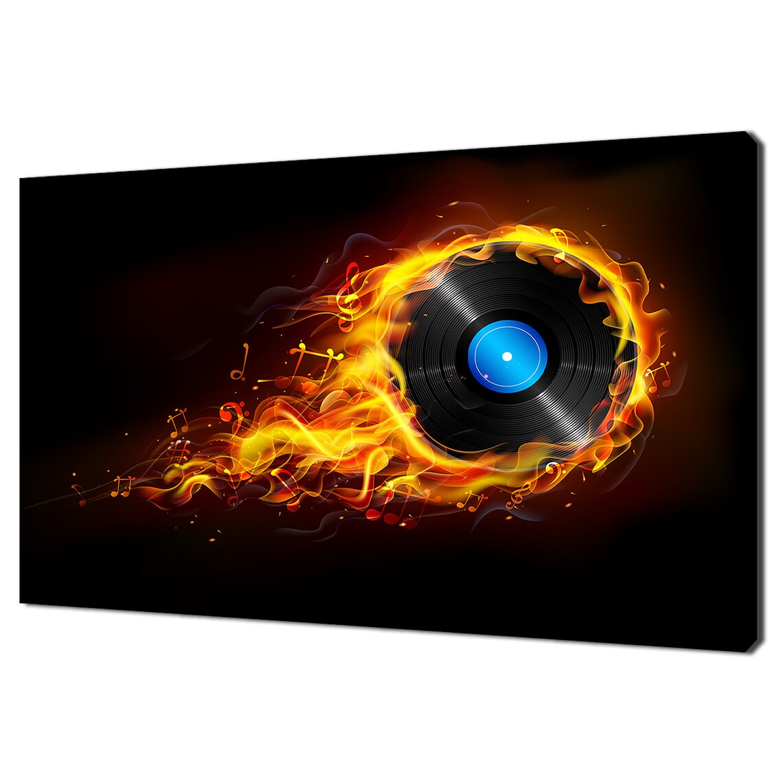 Vinyl Record Engulfed In Flames With Music Notes Black Background Rock Poster