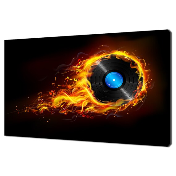 Vinyl Record Engulfed In Flames With Music Notes Black Background Rock Poster