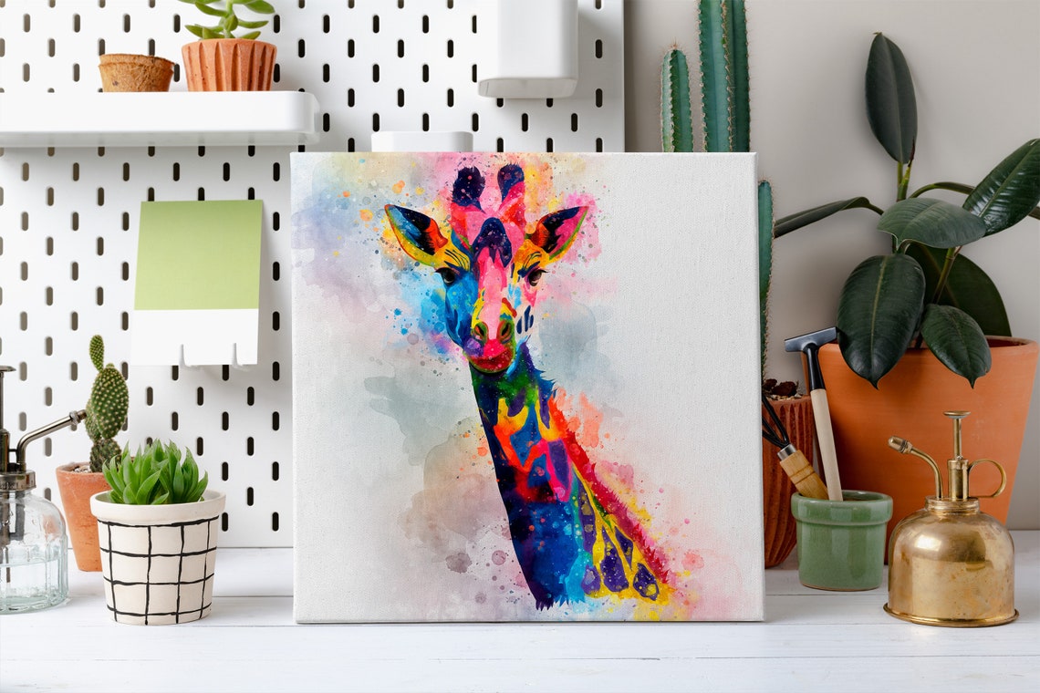 Giraffe Rainbow Watercolor Head And Neck Portrait Splash Poster - Image 2