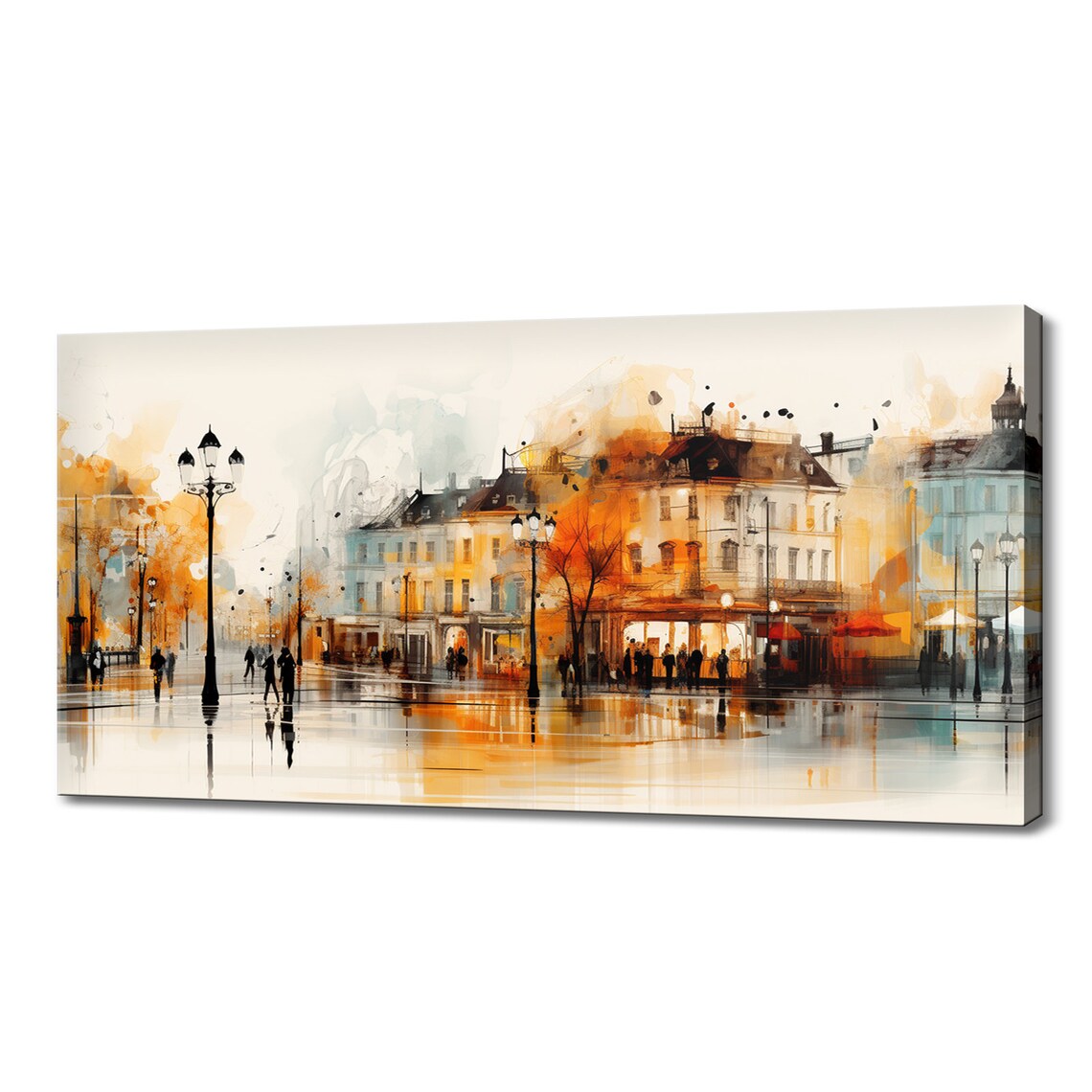 Rainy European Old Town Street Watercolor Orange Teal Cityscape Poster