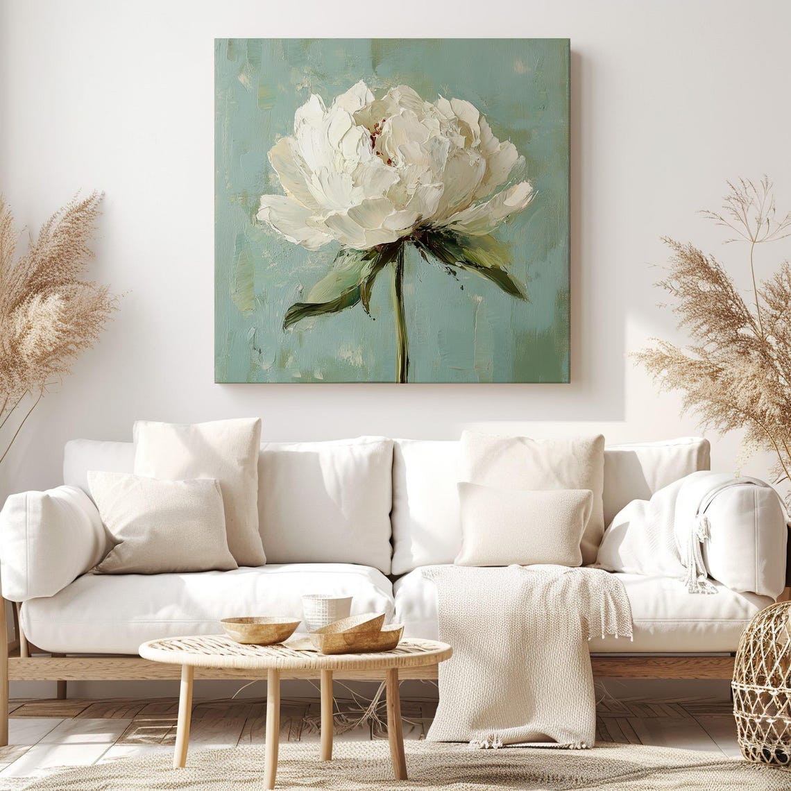 Single White Peony Bloom Sage Background Painterly Floral Art Poster - Image 4