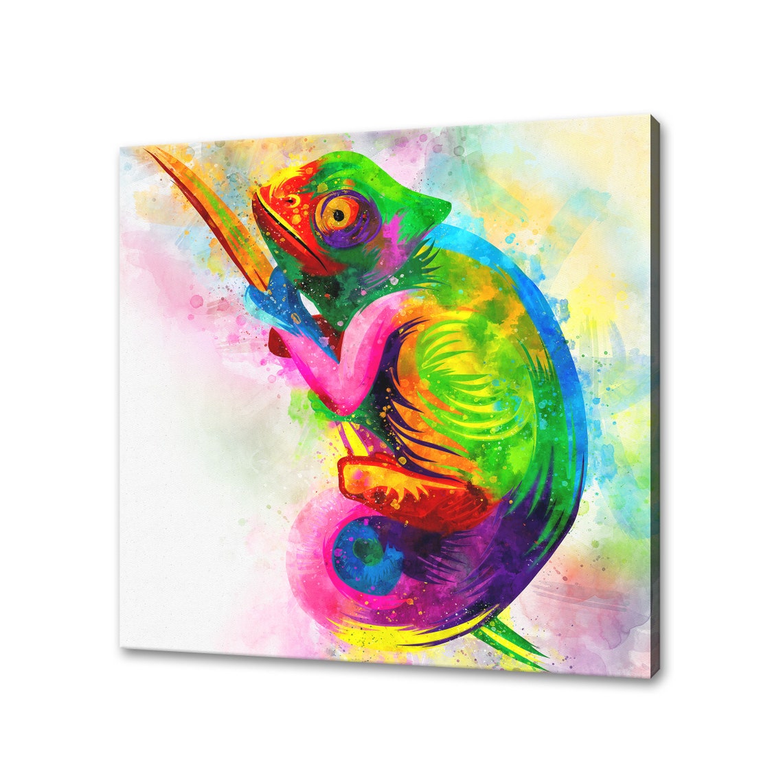Colourful Chameleon on Branch Watercolour Reptile Poster Art