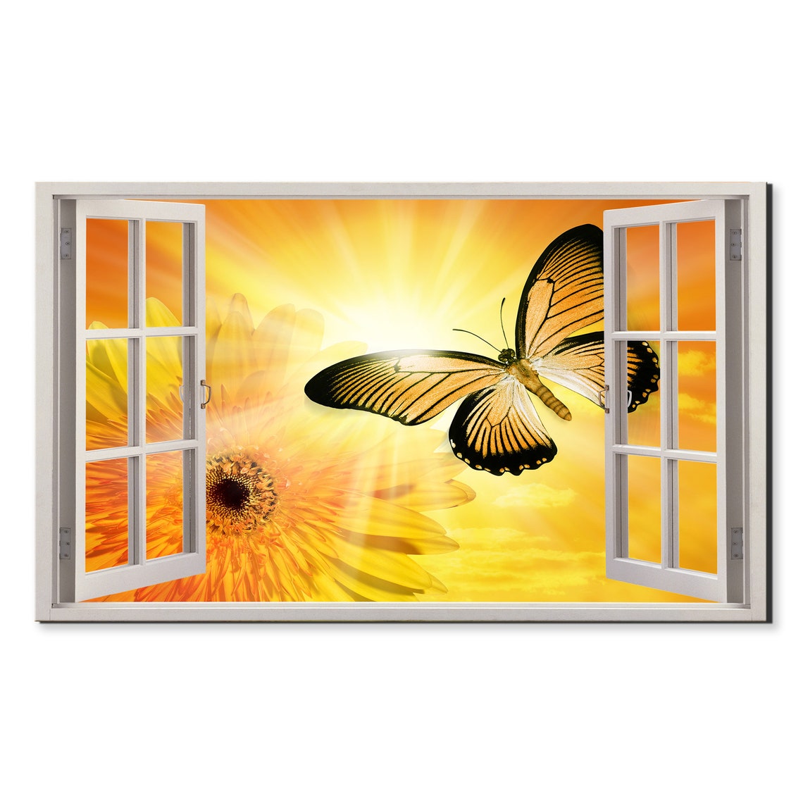 Yellow Butterfly Sunset Gerbera Flower Window View Window Frame Style Modern Design Home Decor Print Wall Art Picture Ready To Hang