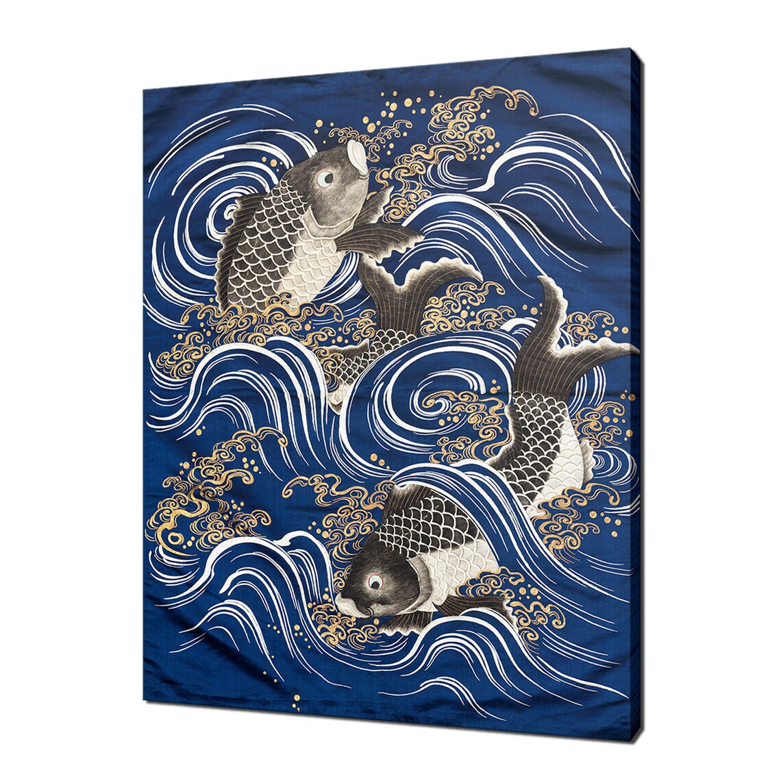 Japanese Koi Carp In Waves Meiji Style Blue Gold Oriental Art Print