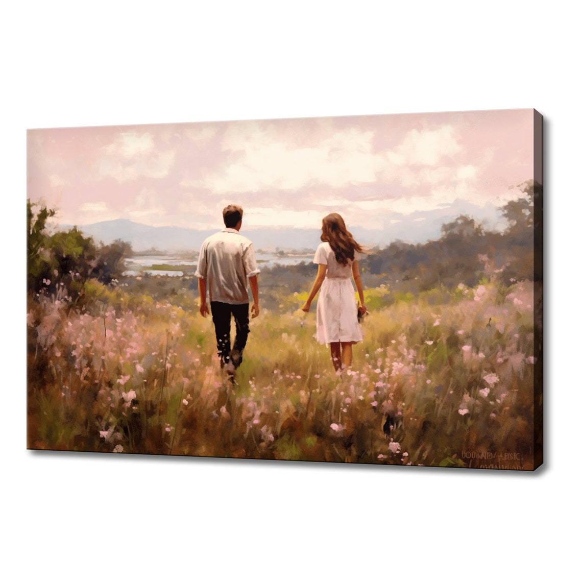 Couple Walking Flower Meadow Sunset Romantic Landscape Painting Poster