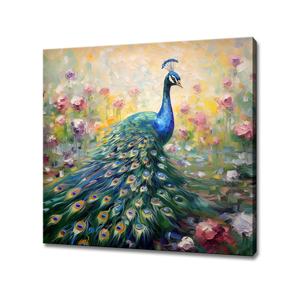 Peacock With Fanned Tail Among Pink Flowers Painting Wall Poster