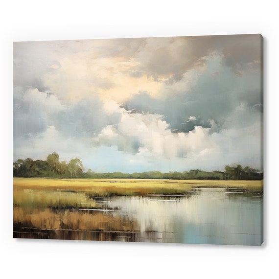 Vintage Country Landscape Cloudy Sky Lake Muted Moody Painting Style Print Farmhouse Decor Art Neutral Nature Picture Wall Hanging