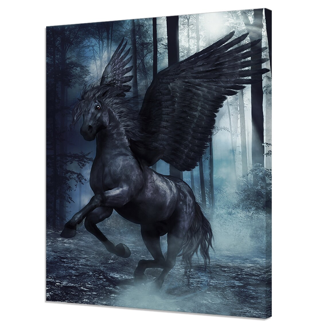 Black Winged Horse Foggy Forest Fantasy Dark Animal Art Print