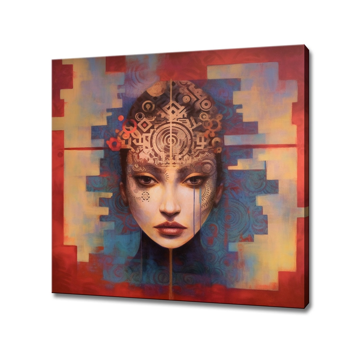 Psychedelic Female Portrait Golden Geometric Patterns Abstract Poster